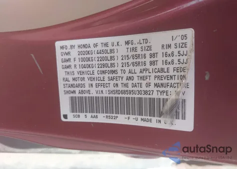 2005 Honda Cr-V Lx from USA, damaged, VIN SHSRD68595U303827